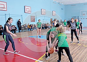 Female high school basketball team from eastern europe playing game