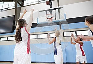 Female High School Basketball Team Shooting At Basket On Court