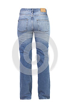 Female high waisted jeans  isolated on white, back photo