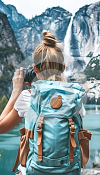 Female hiker embarking on nature adventure in mountain landscape for exploration and motivation photo