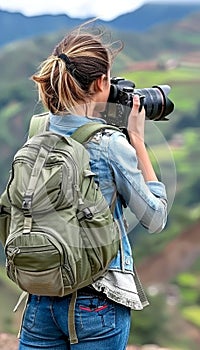 Female hiker embarking on outdoor mountain adventure exploration in nature landscape photo