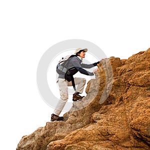 Female hiker on rocks isolated.