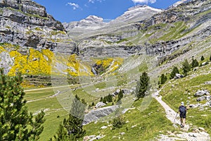 Female hiker on the way to the Cola de Caballo waterfall in Ordesa and Monte Perdido National park