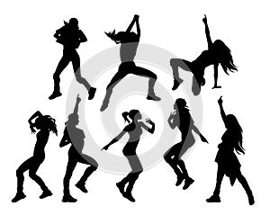 Female hip hop dancers black and white vector silhouette set