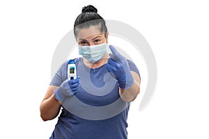 Female holding thermometer making come here gesture with gloves