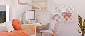 Female home workspace with white and pink decoration, PC desktop computer