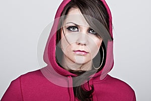 Female Hoodie against Grey Background photo