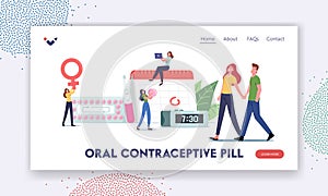 Female Hormonal Contraception Landing Page Template. Woman Apply Oral Contraceptives for Birth Fertility Control