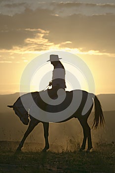 Female horseback rider and horse ride to overlook at Lewa Wildlife Conservancy in North Kenya, Africa at sunset