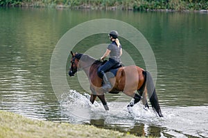 Female horseback rider riding a horse along the river at sunset