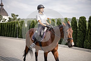 Female horseman riding brown Thoroughbred horse in summer