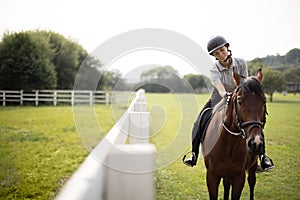 Female horseman riding brown Thoroughbred horse in summer