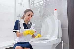 Female housekeeper cleaning toilet seat