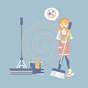 Female housekeeper, woman holding broom with mop, bucket, chore, cleaning concept