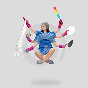 Female housemaid in pink gloves and blue uniform multitask like shiva isolated on gray background. Human emotions.