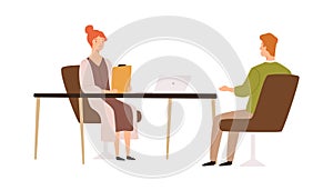 Female HR manager having job interview with male applicant vector flat illustration. Recruit and employer talking in