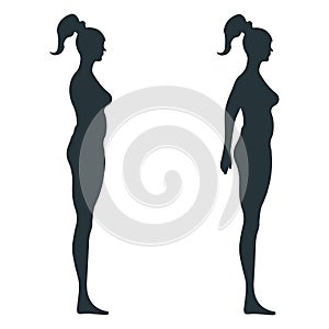 Female human character, people woman view side body silhouette, isolated on white, flat vector illustration