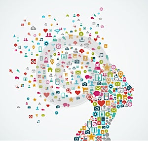 Female human head shape with social media icons de