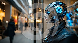 Female humanoid in futuristic city setting