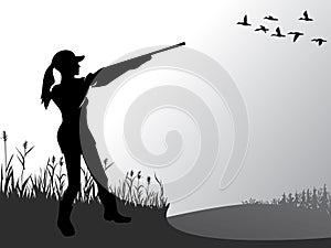 Female hunting. The girl is shooting at flying ducks. A woman with a gun. Active lifestyle. Hobbies for brave people. Vector.