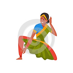 Female Indian Dancer in Traditional Clothes, Beautiful Smiling Woman Performing Folk Dance Vector Illustration