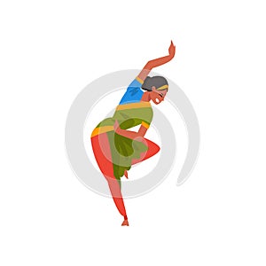 Female Indian Dancer in Traditional Clothes, Beautiful Young Smiling Woman Performing Folk Dance Vector Illustration