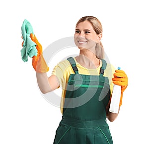 Female janitor with rag and bottle of detergent on white background