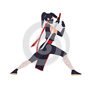 Female Japanese warrior, ninja or samurai. Brave woman standing in fighting stance and holding katana sword isolated on