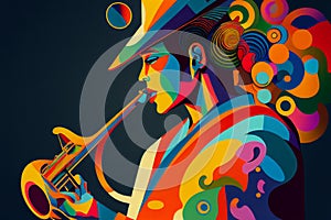 Female jazz musician saxophonist playing a saxophone in an abstract cubist style painting