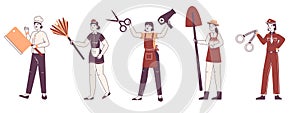 Female job occupations, professional women workers. Police officer, chef and maid, gardener and hairdresser flat vector