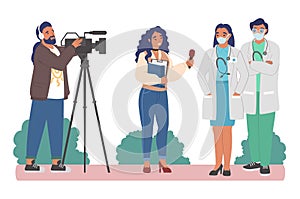 Female journalist, cameraman interviewing medical doctors in face masks, flat vector illustration.