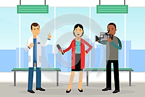 Female Journalist Conducting Interview on Television Broadcast Reporting News and Information Vector Illustration