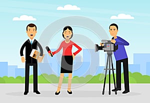 Female Journalist Conducting Interview on Television Broadcast Reporting News and Information Vector Illustration