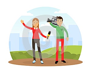 Female Journalist Conducting Interview on Television Broadcast Reporting News and Information Vector Illustration