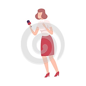 Female Journalist Making Interview, Professional Reporter with Microphone Presenting News Flat Vector Illustration