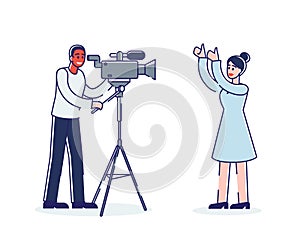 Female journalist reporter filming reportage with cameraman. Tv news media workers