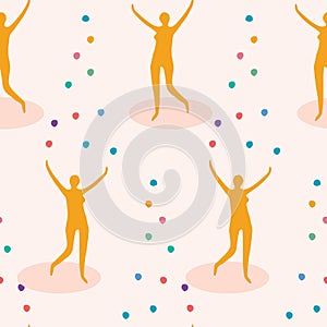 Female juggler figure throwing rainbow color balls into air. Seamless  pattern background. Concept of joy, balancing act,