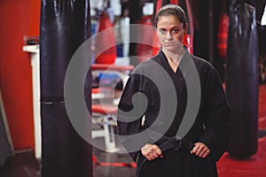 Female karate player performing karate stance