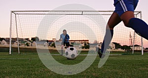 Female keeper waiting for female soccer player to shoot the ball. 4k