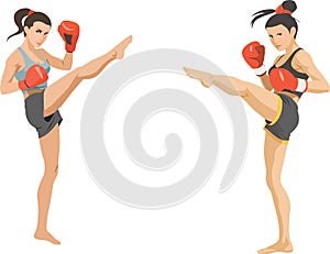 Female kickboxers in action pose-