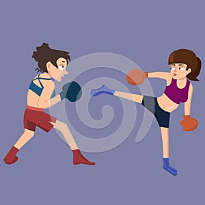 Female kickboxing sparring vector cartoon