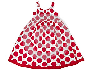 Female kid dress in red spots isolated on white. Girl party wear