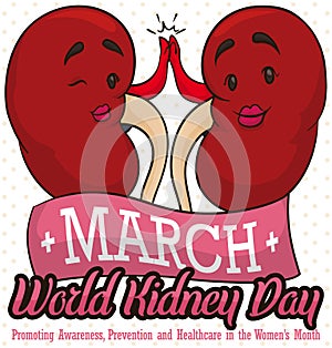 Female Kidneys Clapping for World Kidney Day Commemoration in March, Vector Illustration