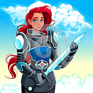 Female knight is holding the sword in her hands.