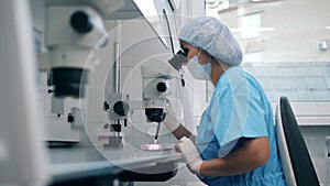 Female laboratory specialist is working in the laboratory with a microscope