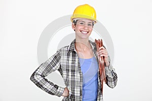 Female laborer on white background