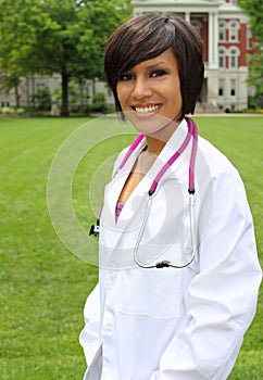 Female Latino student doctor on college campus