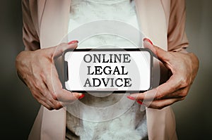 Female lawyer holding phone with text online legal advice. Compliance, expertise, consulation, help concept