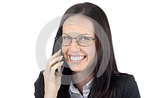 Female lawyer wearing suit and glasses talking on cellphone, isolated