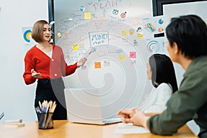 Female leader present marketing plan by using mind map, graph. Immaculate.